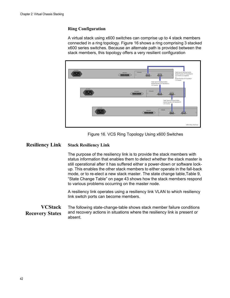 Resiliency link, Vcstack recovery states, Resiliency link vcstack recovery states | Figure 16. vcs ring topology using x600 switches, Ring configuration, Stack resiliency link, Chapter 2: virtual chassis stacking 42 | Allied Telesis x600-48Ts/XP User Manual | Page 42 / 94