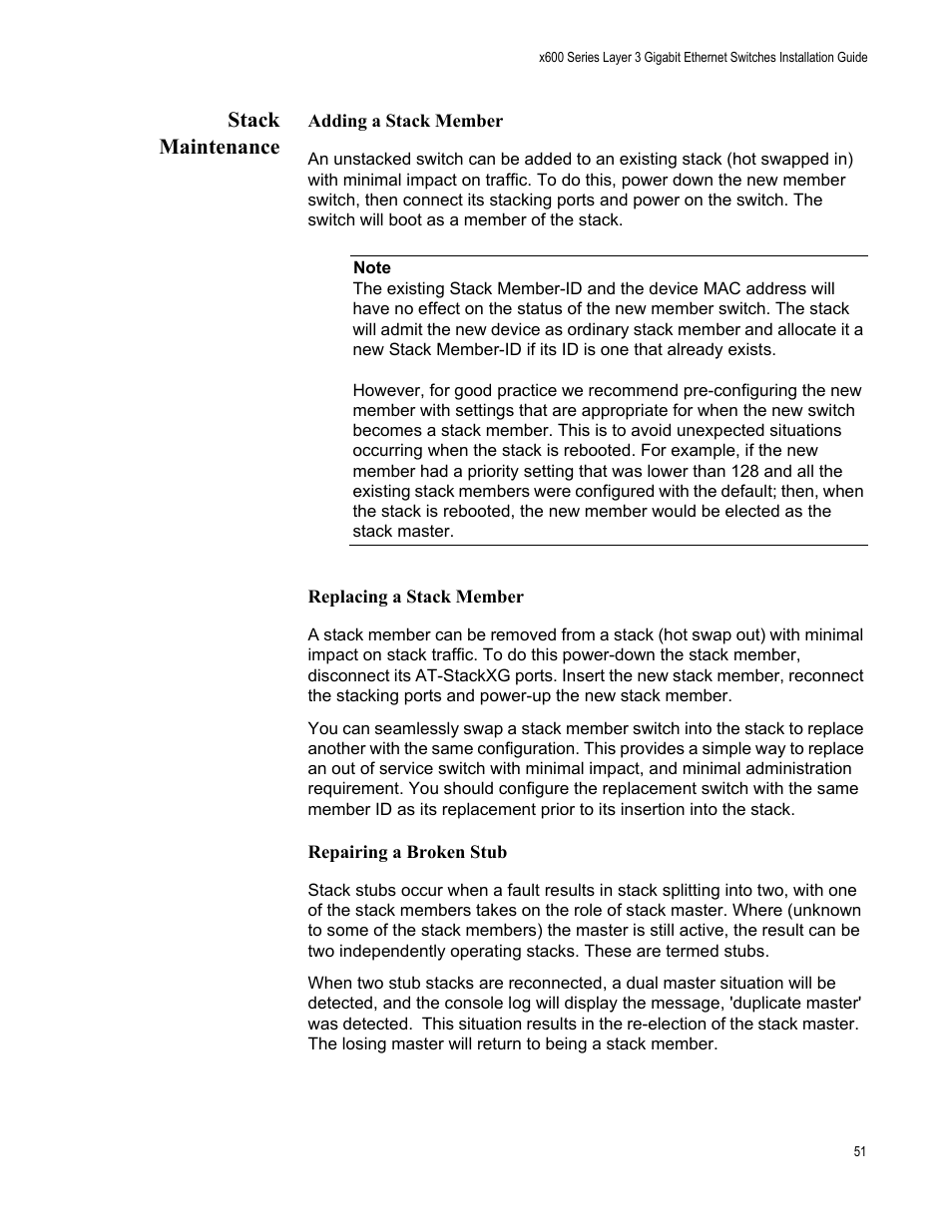 Stack maintenance | Allied Telesis x600-48Ts/XP User Manual | Page 51 / 94