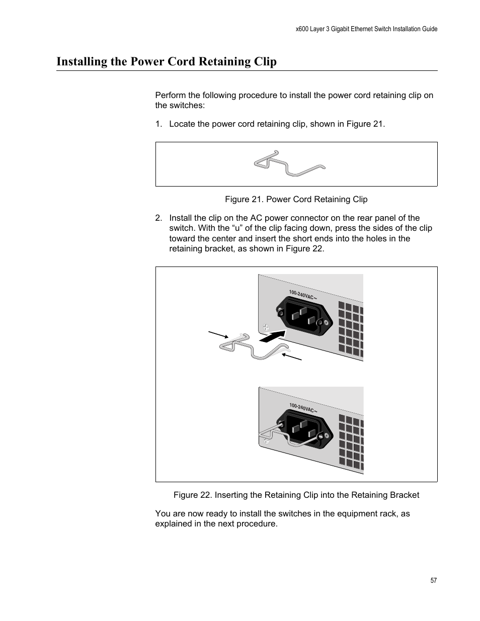 Installing the power cord retaining clip | Allied Telesis x600-48Ts/XP User Manual | Page 57 / 94