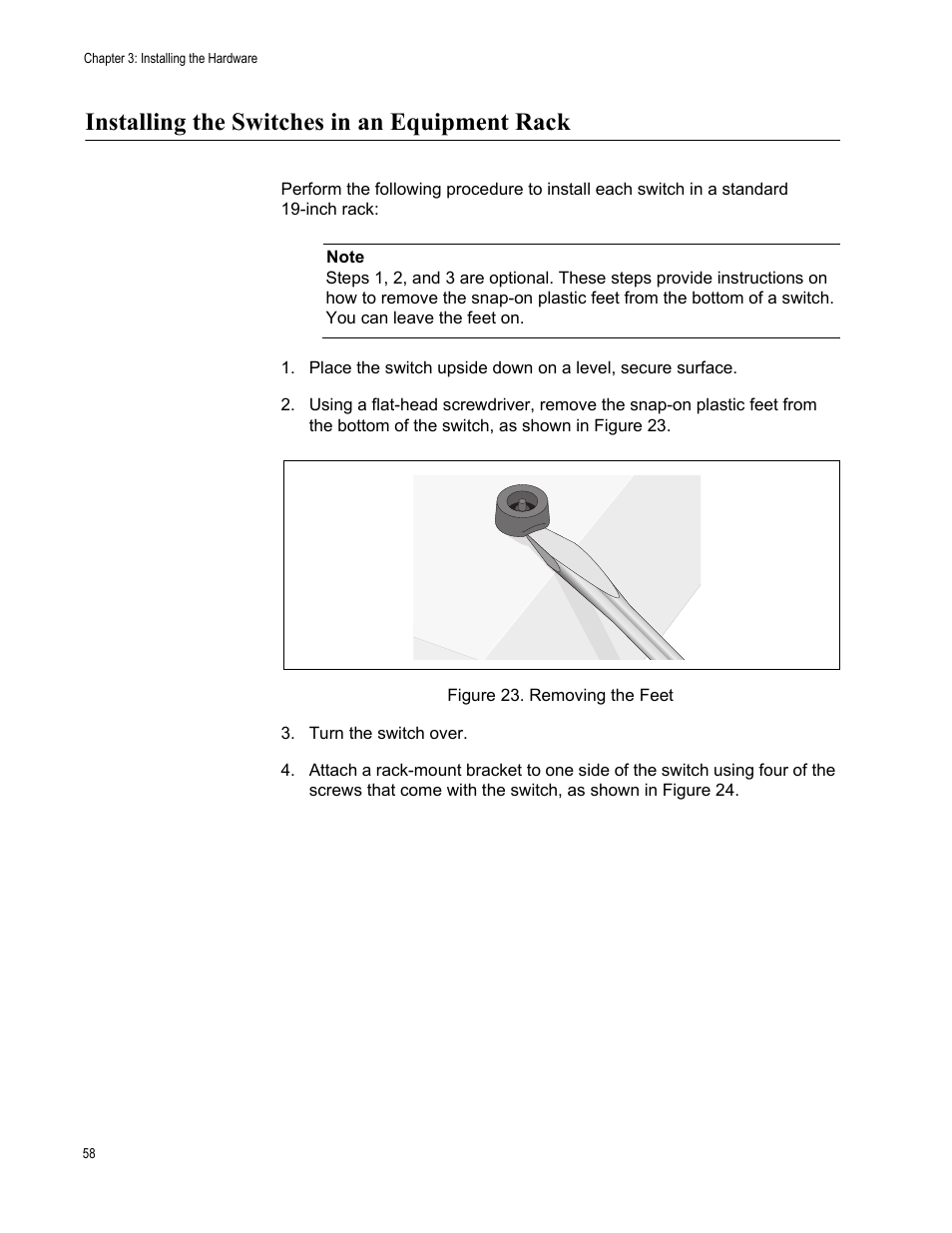 Installing the switches in an equipment rack, Figure 23. removing the feet | Allied Telesis x600-48Ts/XP User Manual | Page 58 / 94