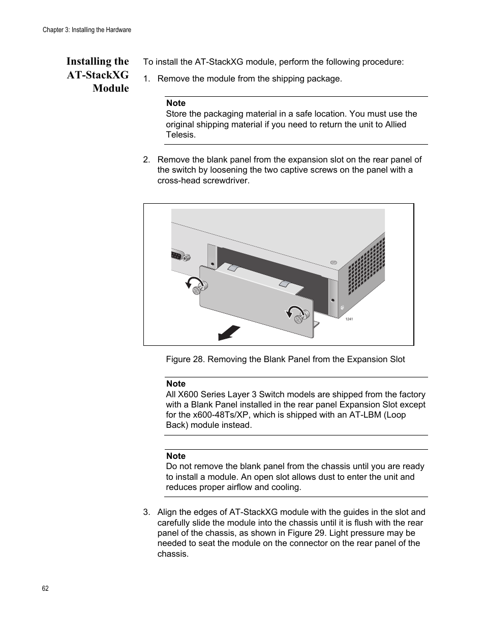 Installing the at-stackxg module | Allied Telesis x600-48Ts/XP User Manual | Page 62 / 94