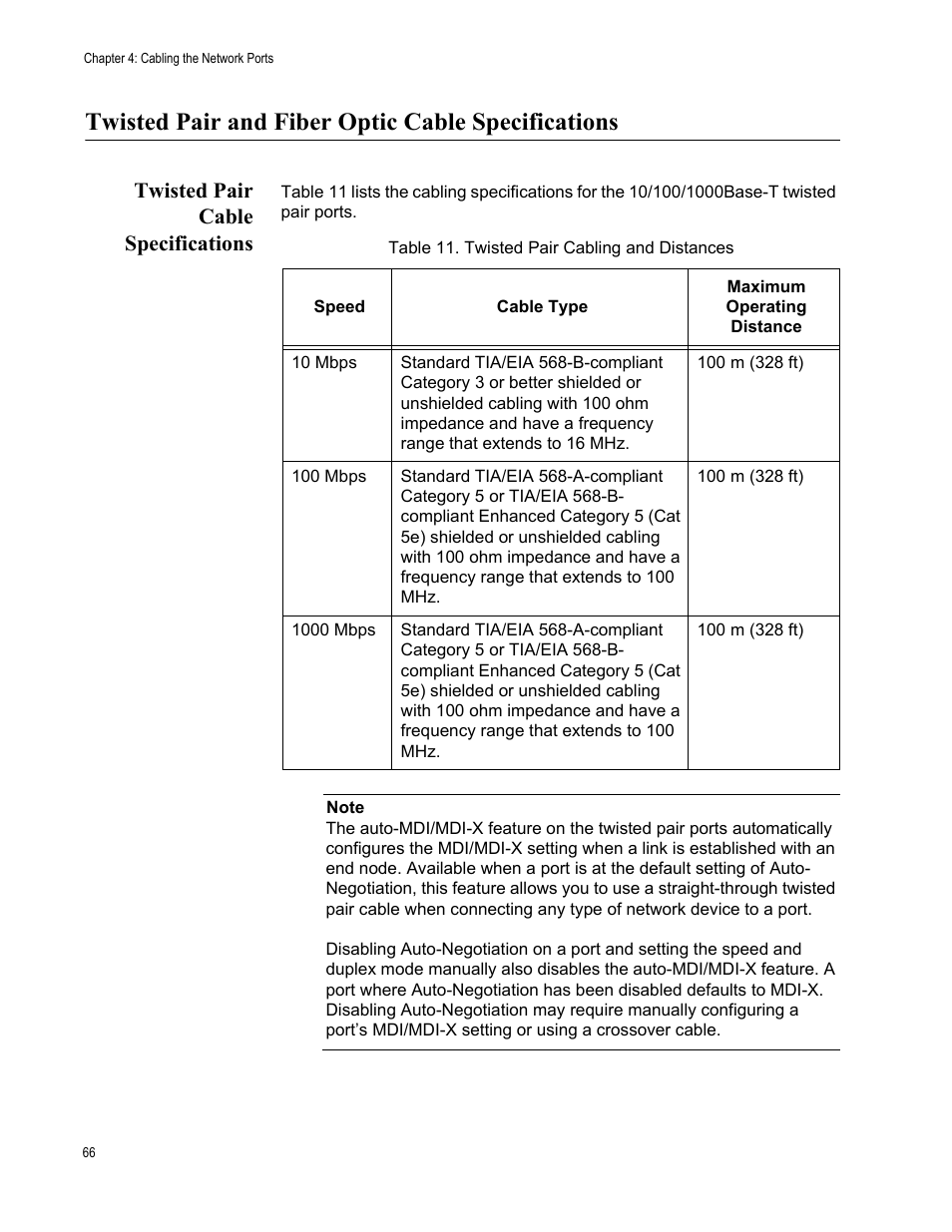 Twisted pair and fiber optic cable specifications, Twisted pair cable specifications, Table 12. twisted pair cabling and distances | Allied Telesis x600-48Ts/XP User Manual | Page 66 / 94