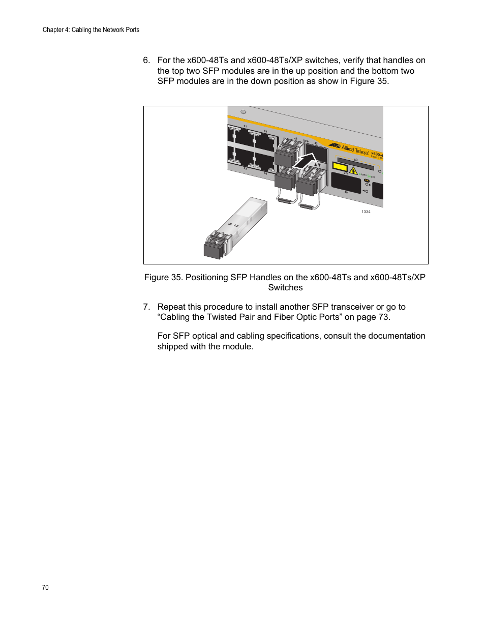 Chapter 4: cabling the network ports 70 | Allied Telesis x600-48Ts/XP User Manual | Page 70 / 94