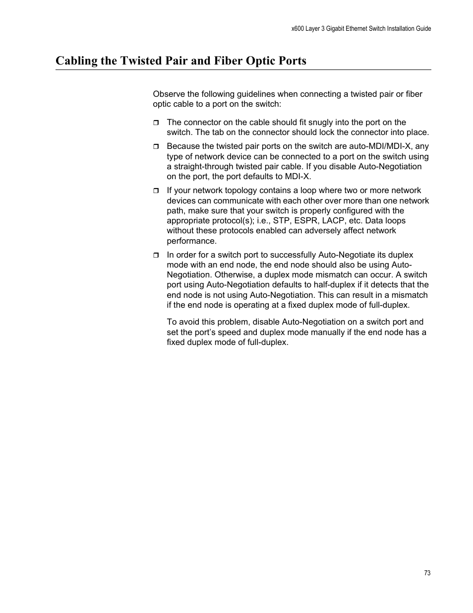 Cabling the twisted pair and fiber optic ports | Allied Telesis x600-48Ts/XP User Manual | Page 73 / 94