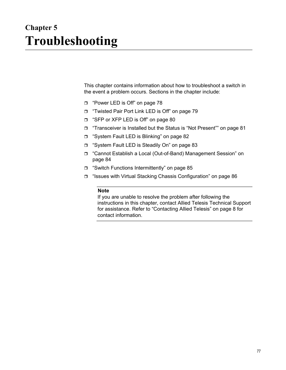 Chapter 5, Troubleshooting, R 5: troubleshooting | Allied Telesis x600-48Ts/XP User Manual | Page 77 / 94