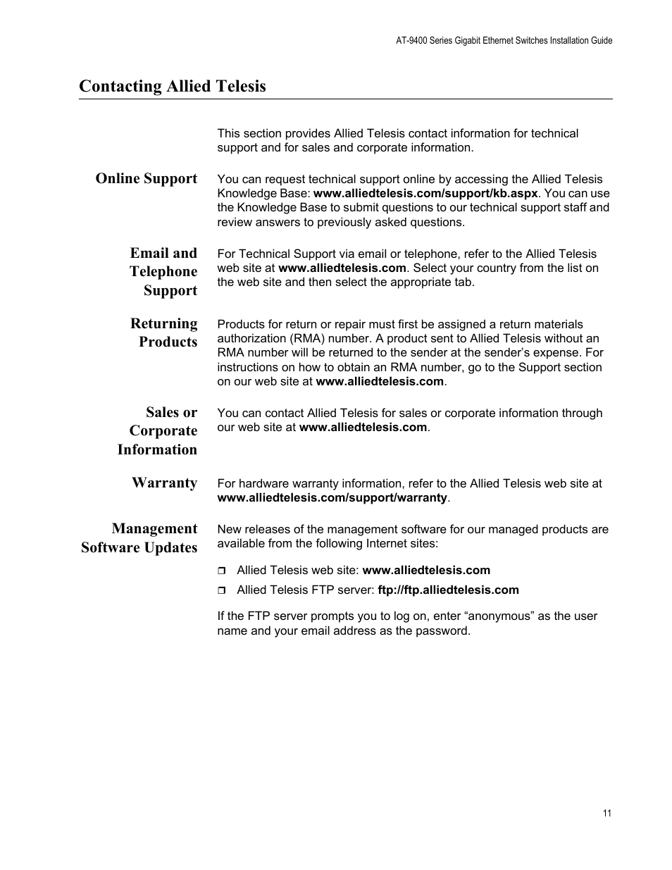 Contacting allied telesis, Online support, Email and telephone support | Returning products, Sales or corporate information, Warranty, Management software updates | Allied Telesis AT-9448Ts/XP (Basic Layer 3) User Manual | Page 11 / 82