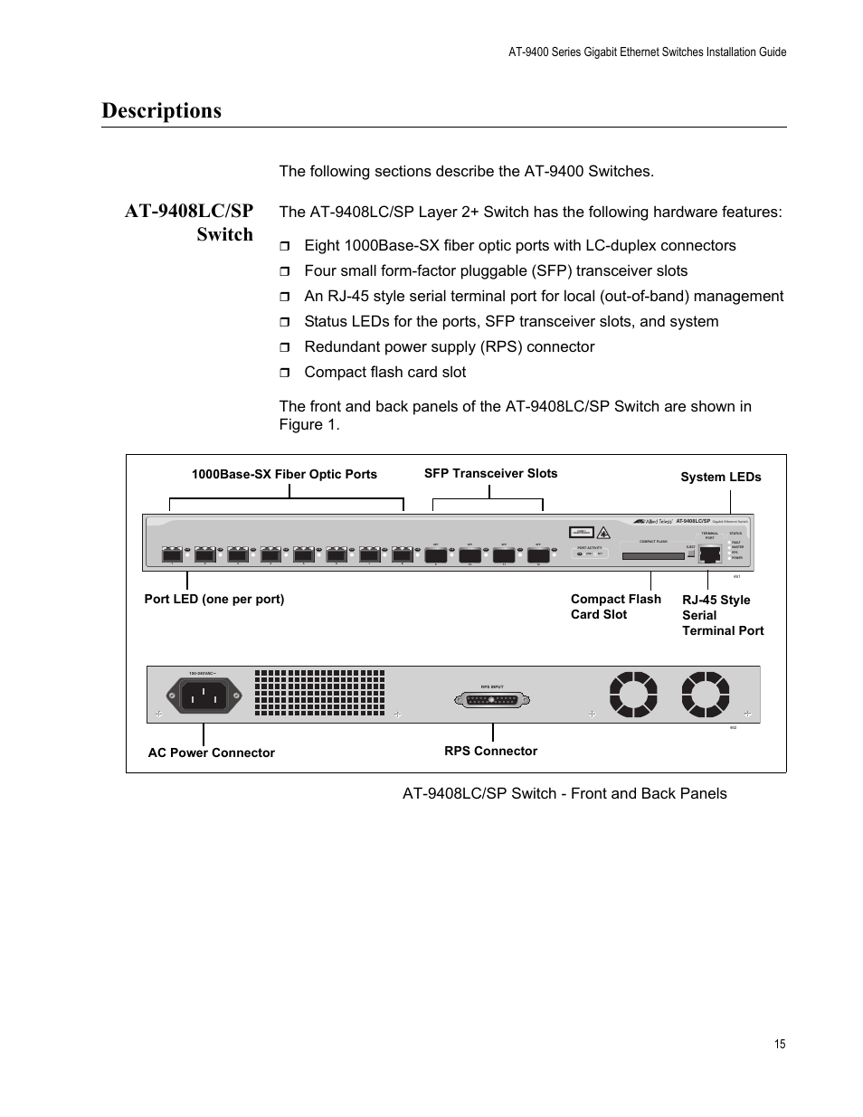 Descriptions, At-9408lc/sp switch, Figure 1 | Redundant power supply (rps) connector, At-9408lc/sp switch - front and back panels | Allied Telesis AT-9448Ts/XP (Basic Layer 3) User Manual | Page 15 / 82