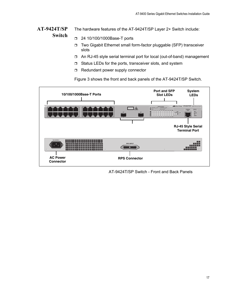 At-9424t/sp switch, Figure 3, At-9424t/sp switch - front and back panels | Sfp transceiver slots, D/c l/a | Allied Telesis AT-9448Ts/XP (Basic Layer 3) User Manual | Page 17 / 82