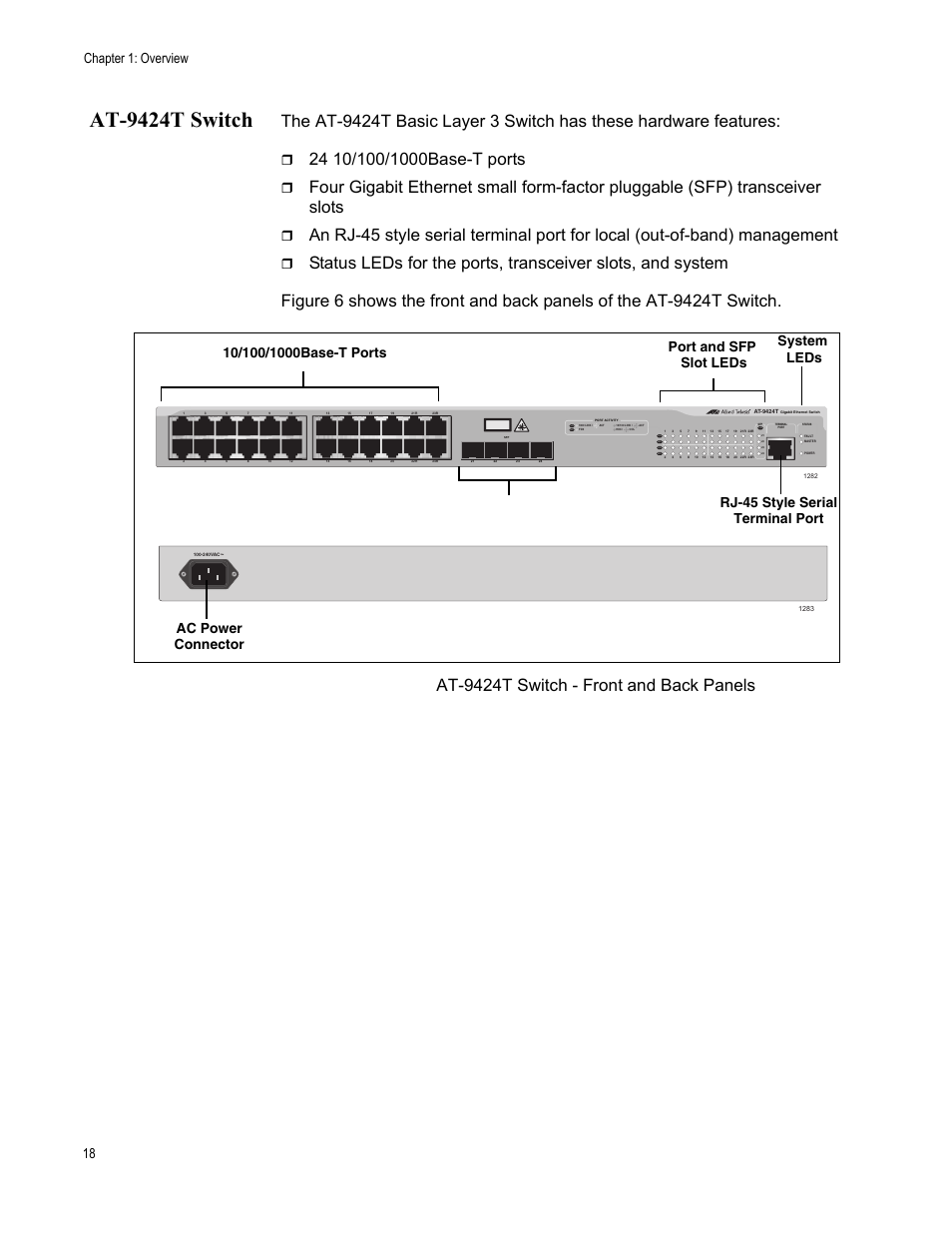 At-9424t switch, Figure 4, At-9424t switch - front and back panels | Sfp transceiver slots, Chapter 1: overview 18 | Allied Telesis AT-9448Ts/XP (Basic Layer 3) User Manual | Page 18 / 82