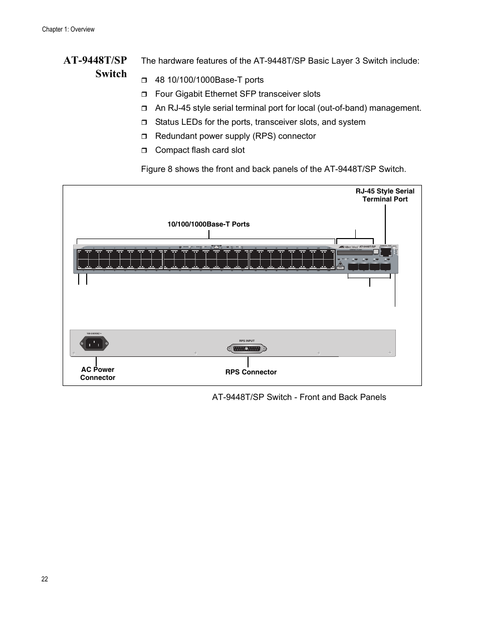 At-9448t/sp switch, Figure 8, Four gigabit ethernet sfp transceiver slots | Redundant power supply (rps) connector, At-9448t/sp switch - front and back panels, Sfp transceiver, Slots and leds system leds, Compact flash card slot port leds, Chapter 1: overview 22, Rj-45 style serial terminal port | Allied Telesis AT-9448Ts/XP (Basic Layer 3) User Manual | Page 22 / 82