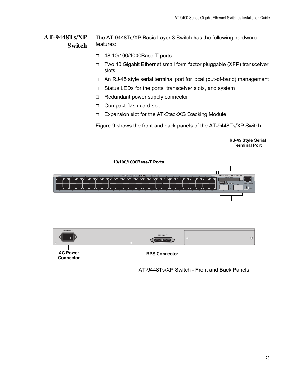 At-9448ts/xp switch, Figure 9, Redundant power supply connector | Compact flash card slot, At-9448ts/xp switch - front and back panels, Port leds, Xfp transceiver, Slots and leds system leds, Expansion slot compact flash card slot, Rj-45 style serial terminal port | Allied Telesis AT-9448Ts/XP (Basic Layer 3) User Manual | Page 23 / 82