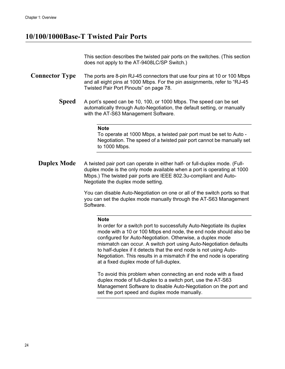 10/100/1000base-t twisted pair ports, Connector type, Speed | Duplex mode, Connector type speed duplex mode | Allied Telesis AT-9448Ts/XP (Basic Layer 3) User Manual | Page 24 / 82