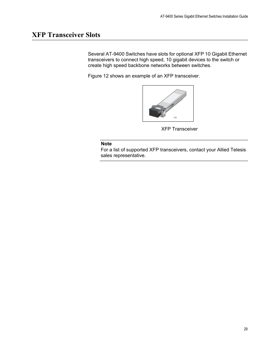 Xfp transceiver slots | Allied Telesis AT-9448Ts/XP (Basic Layer 3) User Manual | Page 29 / 82