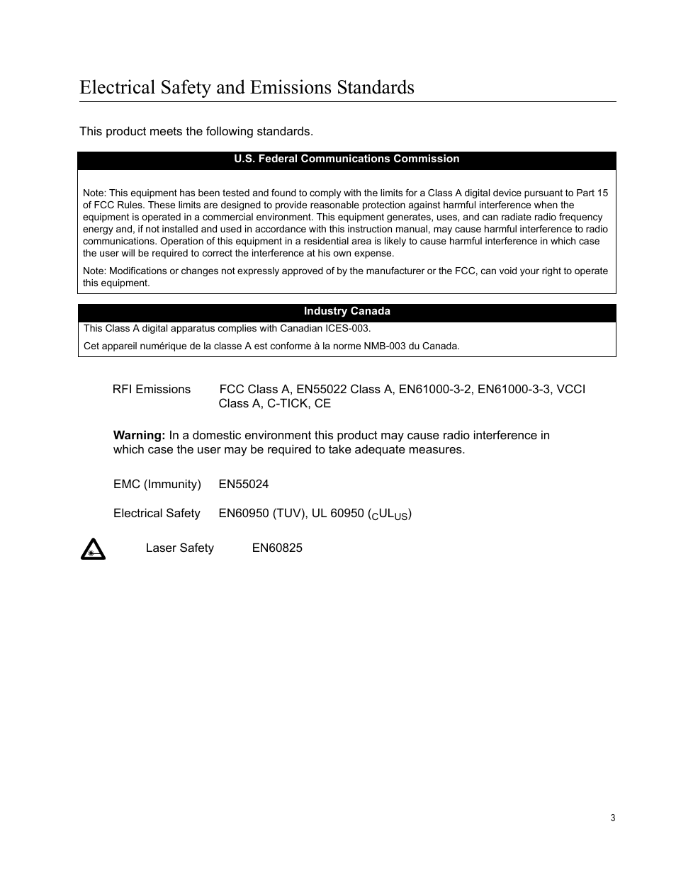 Electrical safety and emissions standards | Allied Telesis AT-9448Ts/XP (Basic Layer 3) User Manual | Page 3 / 82