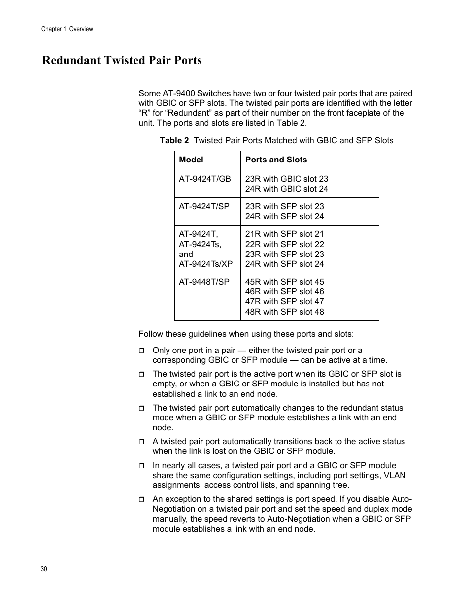 Redundant twisted pair ports | Allied Telesis AT-9448Ts/XP (Basic Layer 3) User Manual | Page 30 / 82