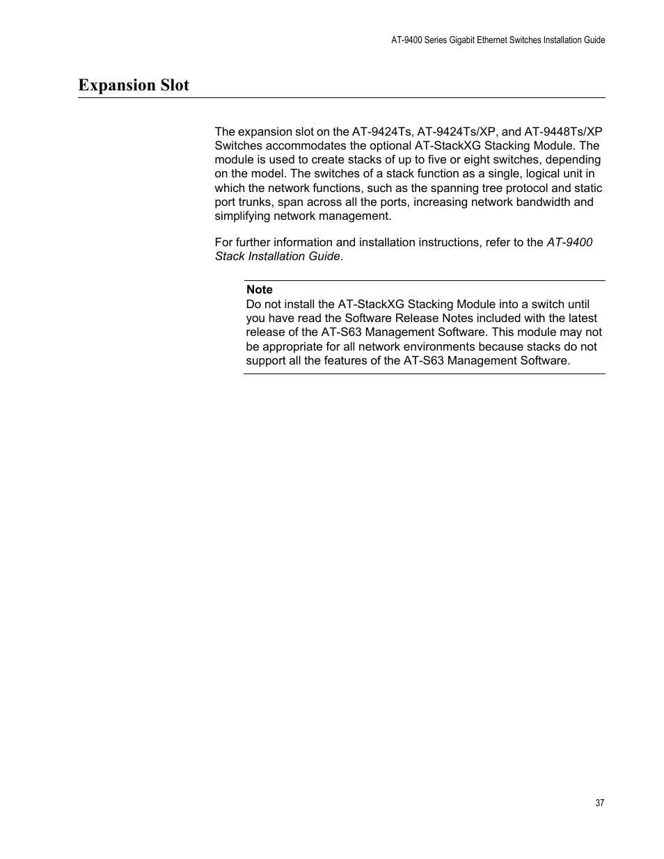 Expansion slot | Allied Telesis AT-9448Ts/XP (Basic Layer 3) User Manual | Page 37 / 82