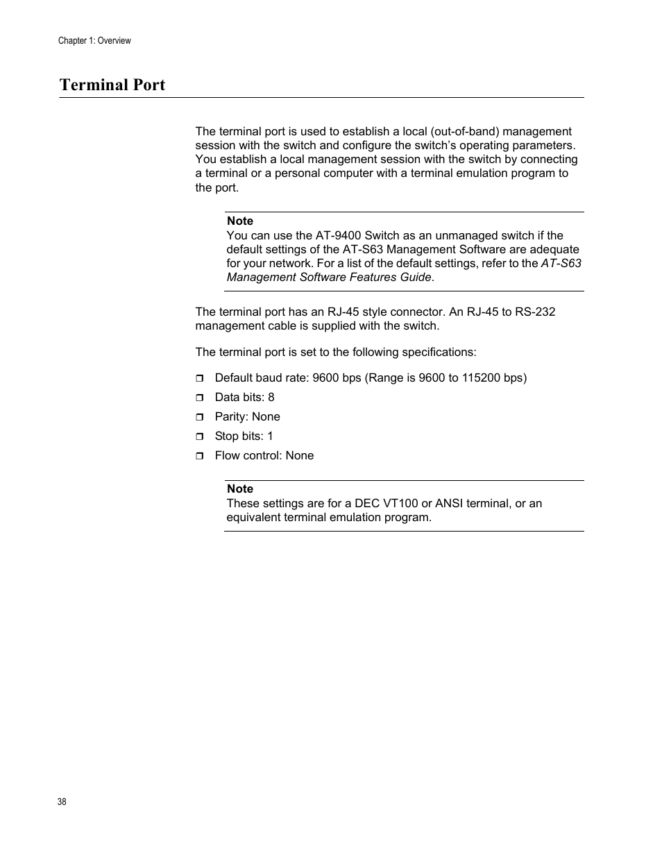 Terminal port | Allied Telesis AT-9448Ts/XP (Basic Layer 3) User Manual | Page 38 / 82