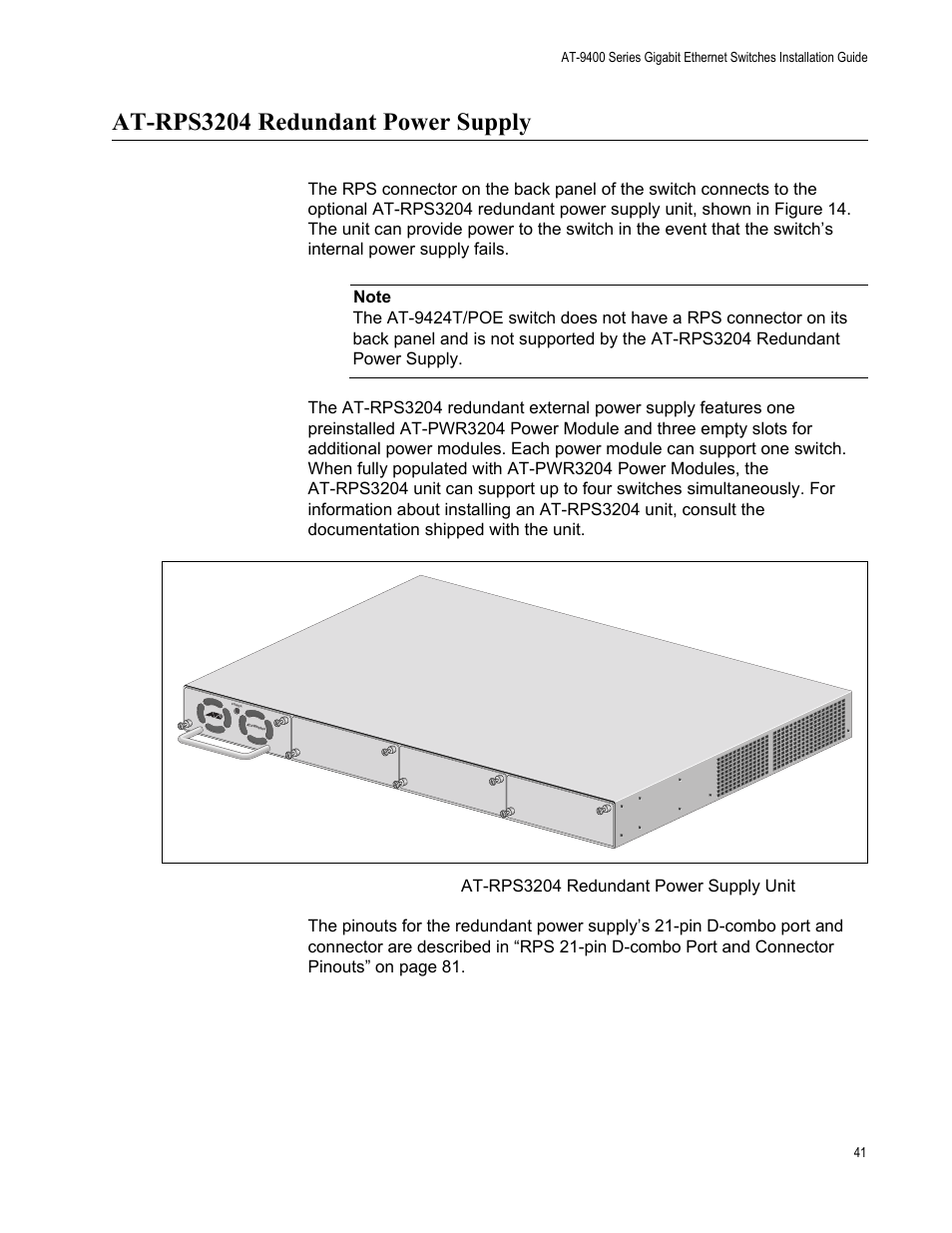 At-rps3204 redundant power supply, Figure 14 | Allied Telesis AT-9448Ts/XP (Basic Layer 3) User Manual | Page 41 / 82