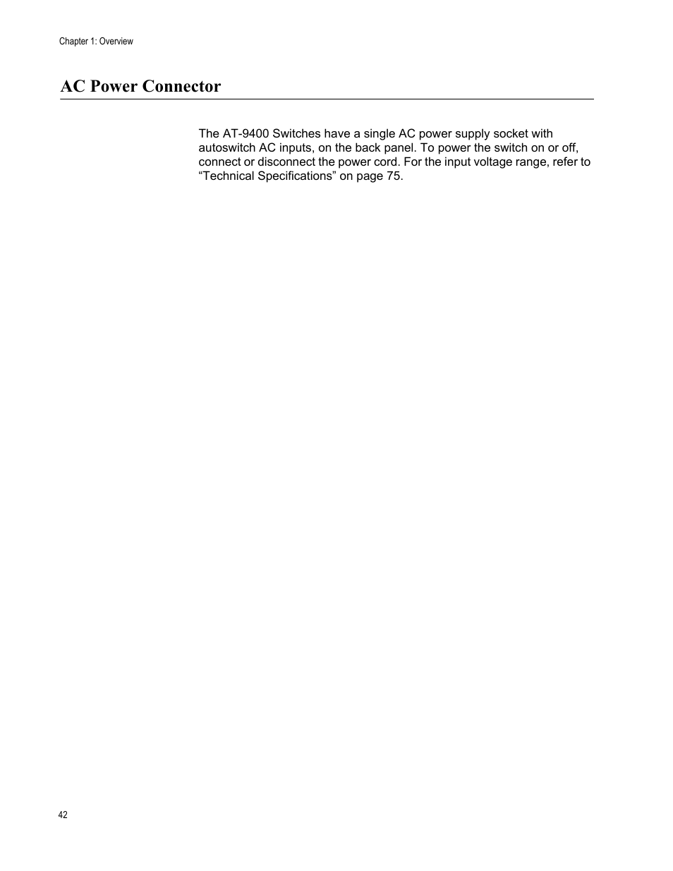 Ac power connector | Allied Telesis AT-9448Ts/XP (Basic Layer 3) User Manual | Page 42 / 82