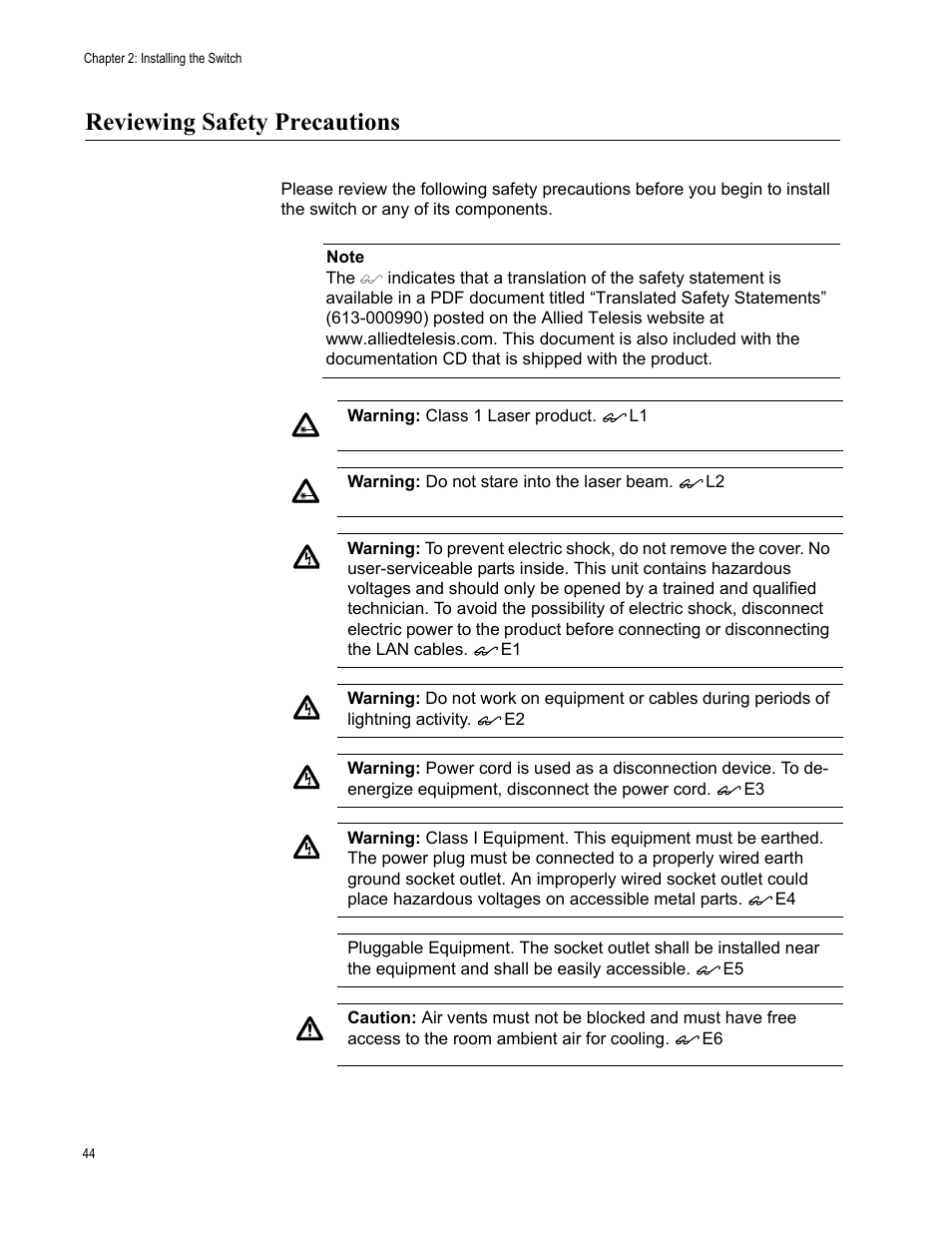 Reviewing safety precautions | Allied Telesis AT-9448Ts/XP (Basic Layer 3) User Manual | Page 44 / 82
