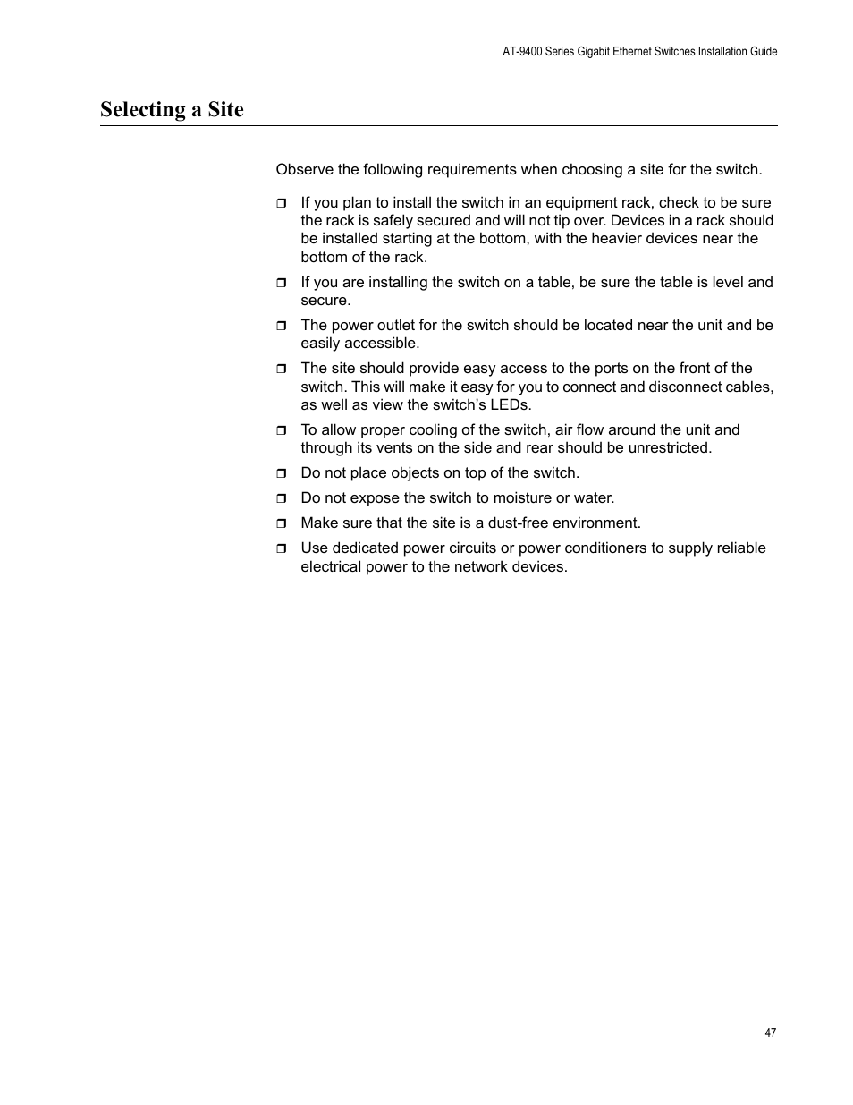 Selecting a site | Allied Telesis AT-9448Ts/XP (Basic Layer 3) User Manual | Page 47 / 82