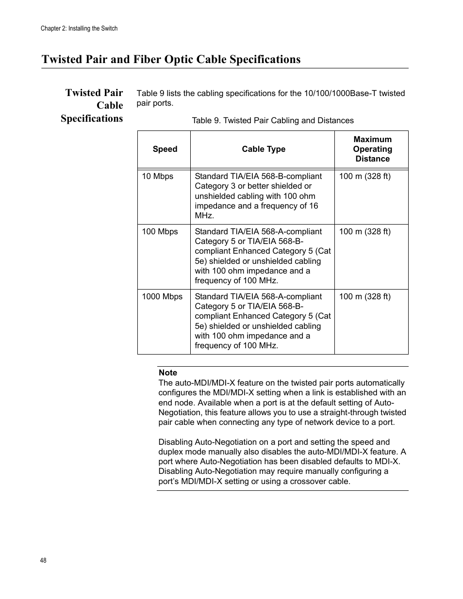 Twisted pair and fiber optic cable specifications, Twisted pair cable specifications | Allied Telesis AT-9448Ts/XP (Basic Layer 3) User Manual | Page 48 / 82