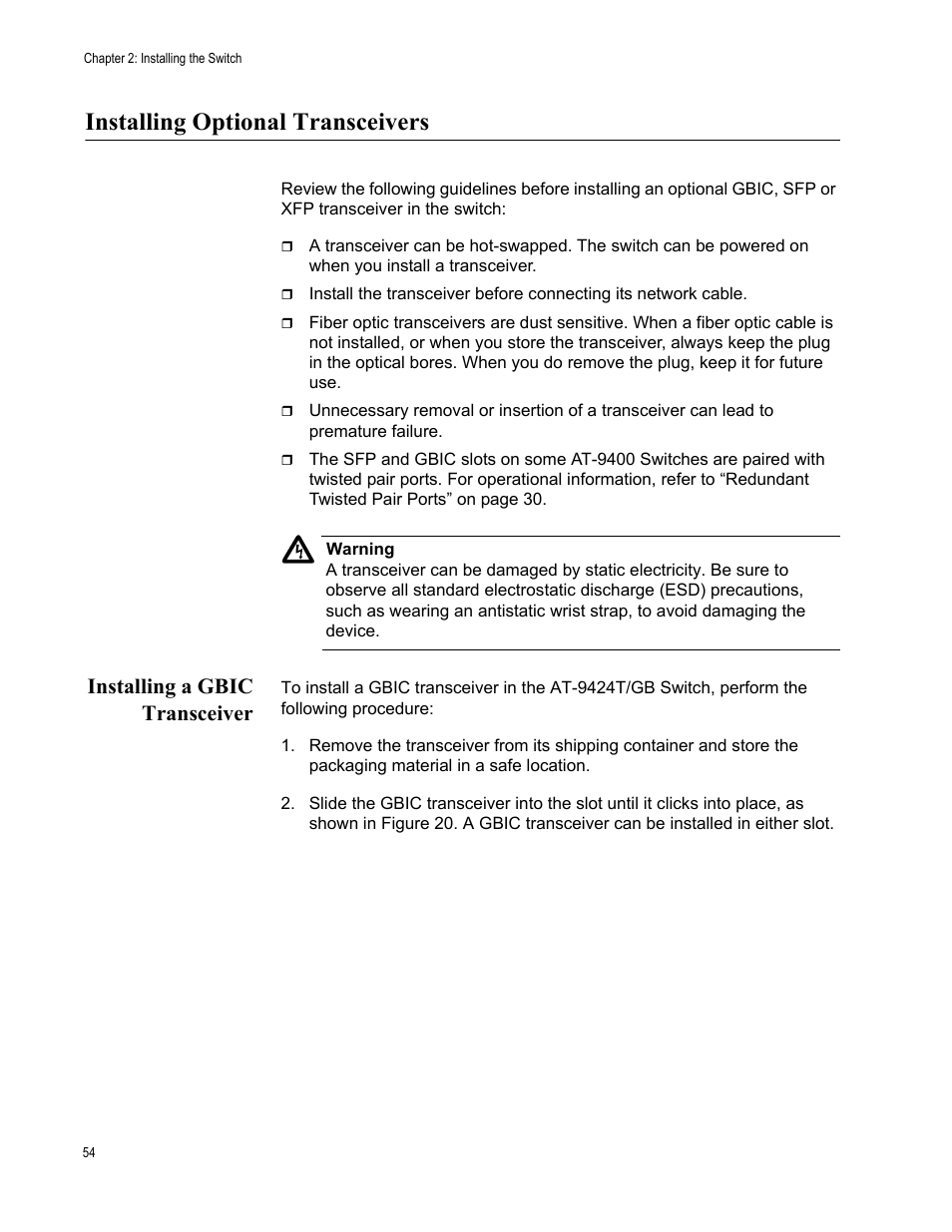 Installing optional transceivers, Installing a gbic transceiver | Allied Telesis AT-9448Ts/XP (Basic Layer 3) User Manual | Page 54 / 82