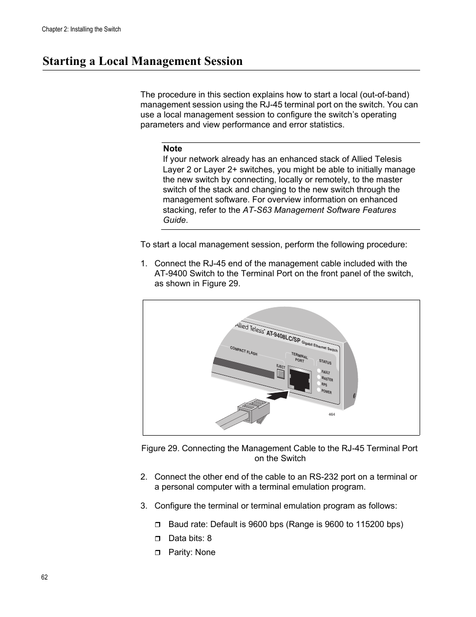 Starting a local management session, Data bits: 8, Parity: none | Allied Telesis AT-9448Ts/XP (Basic Layer 3) User Manual | Page 62 / 82