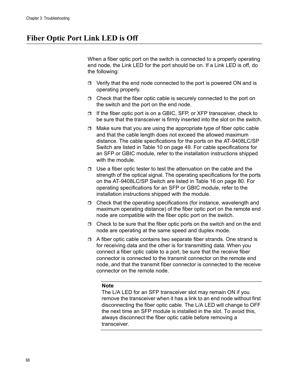 Fiber optic port link led is off | Allied Telesis AT-9448Ts/XP (Basic Layer 3) User Manual | Page 68 / 82