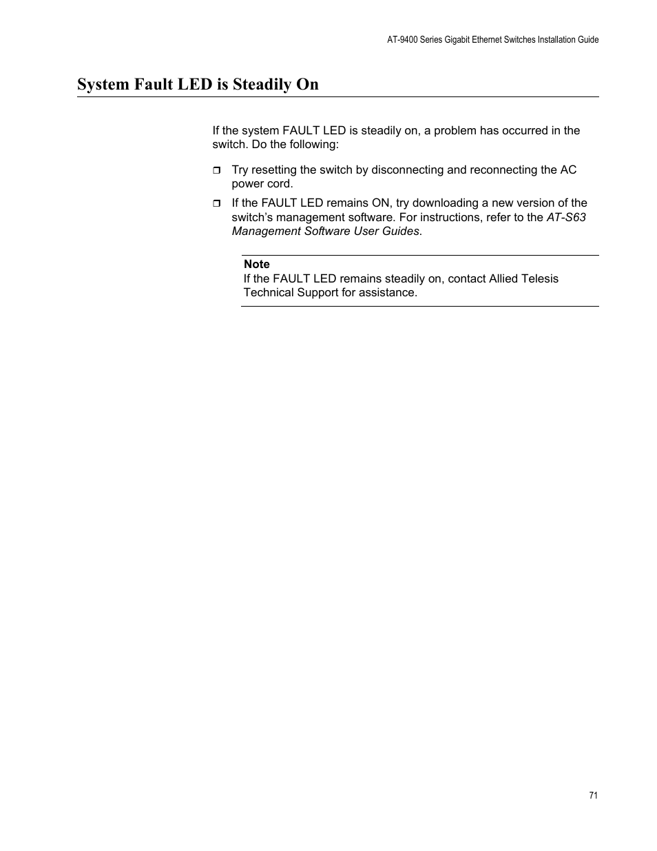 System fault led is steadily on | Allied Telesis AT-9448Ts/XP (Basic Layer 3) User Manual | Page 71 / 82