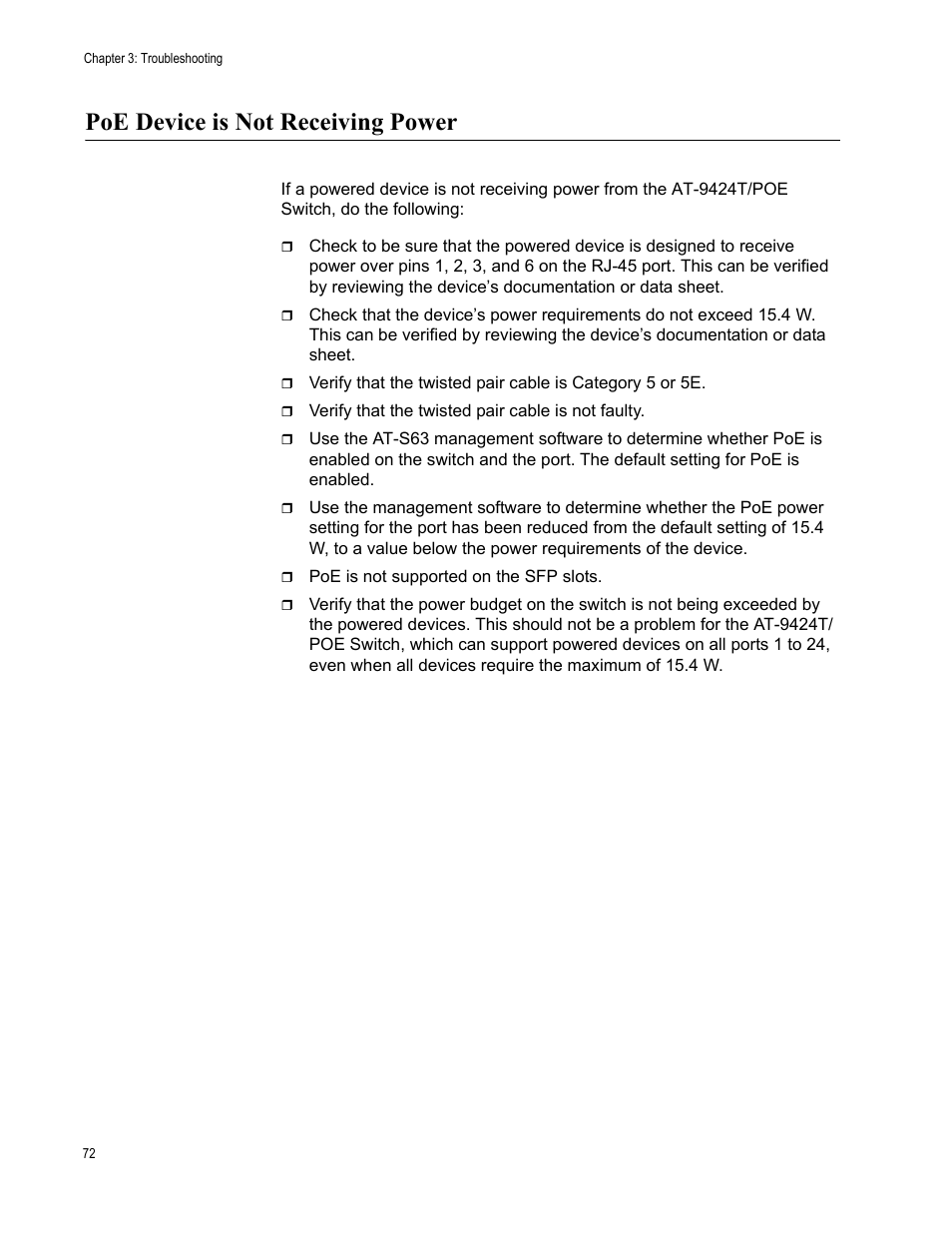 Poe device is not receiving power | Allied Telesis AT-9448Ts/XP (Basic Layer 3) User Manual | Page 72 / 82