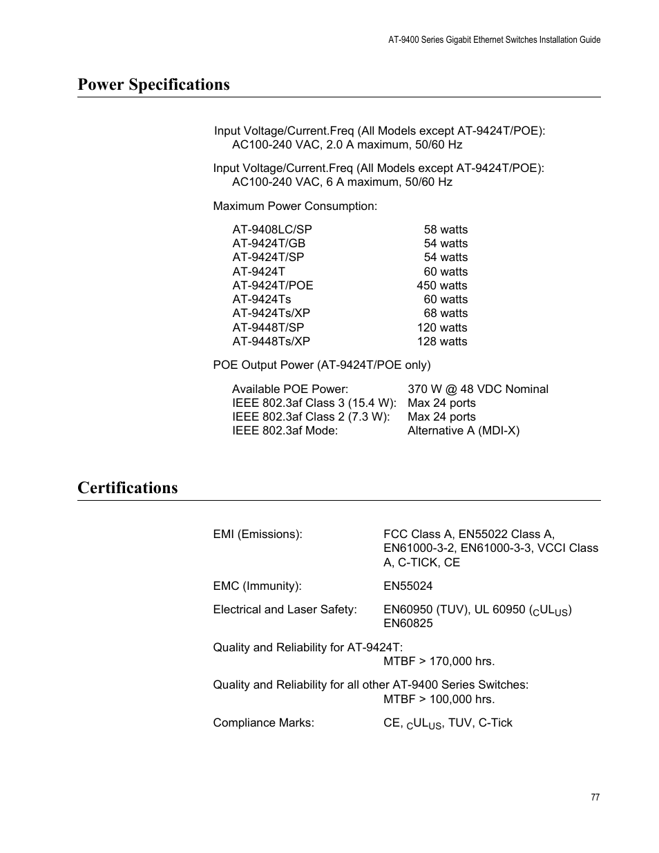 Power specifications, Certifications, Power specifications certifications | Allied Telesis AT-9448Ts/XP (Basic Layer 3) User Manual | Page 77 / 82