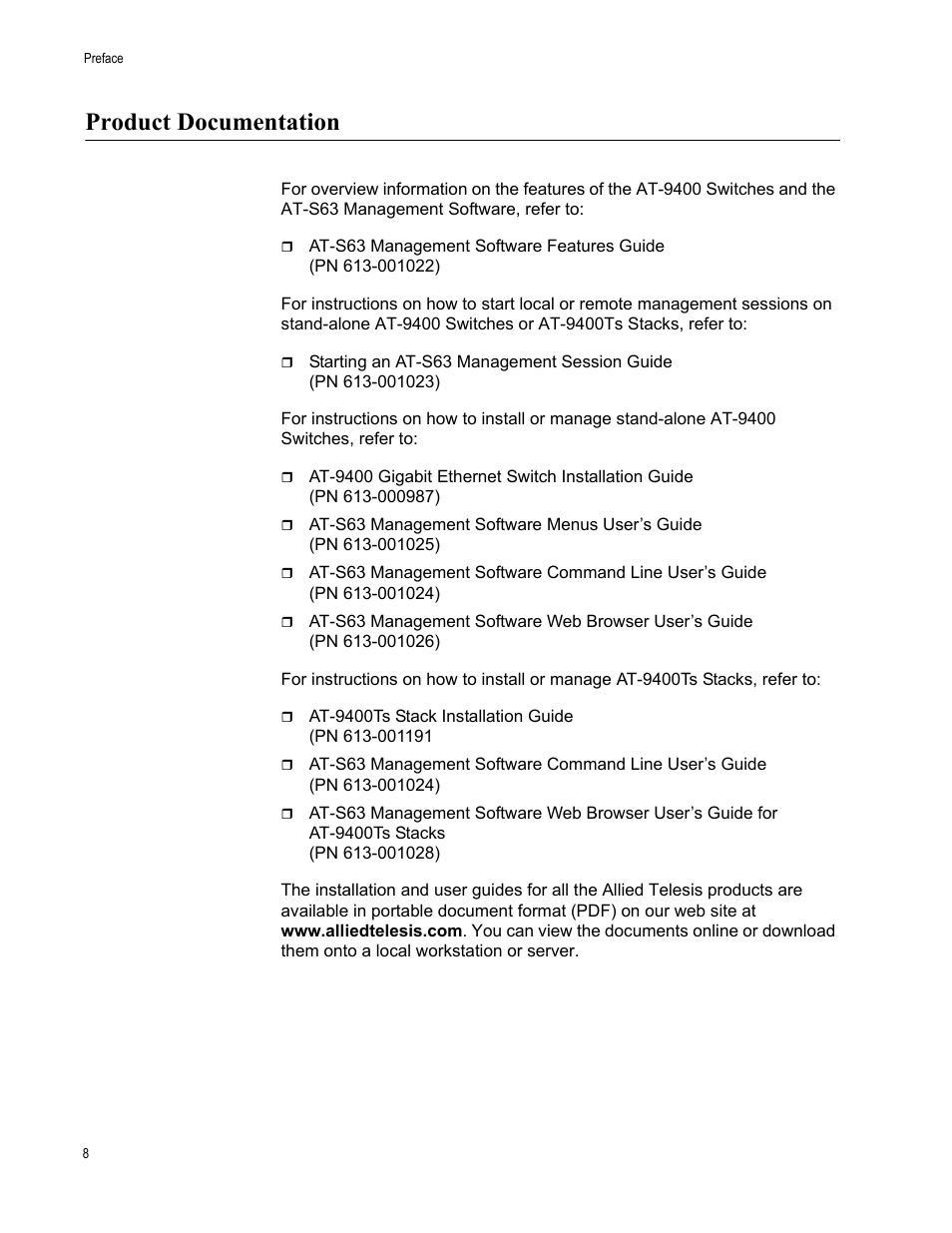 Product documentation, Product documentation8 | Allied Telesis AT-9448Ts/XP (Basic Layer 3) User Manual | Page 8 / 82