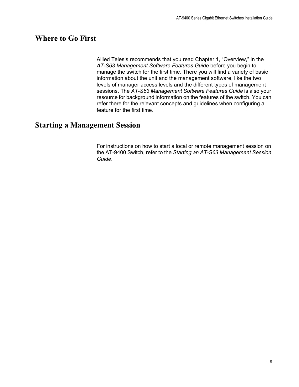 Where to go first, Starting a management session, Where to go first starting a management session | Allied Telesis AT-9448Ts/XP (Basic Layer 3) User Manual | Page 9 / 82