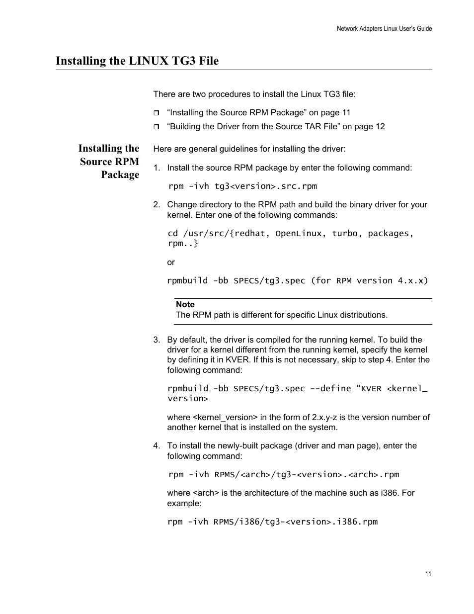 Installing the linux tg3 file, Installing the source rpm package | Allied Telesis AT-2972SX User Manual | Page 11 / 18