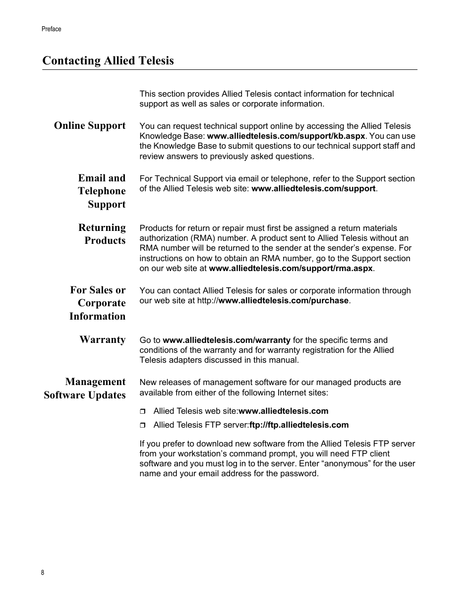 Contacting allied telesis, Online support, Email and telephone support | Returning products, For sales or corporate information, Warranty, Management software updates | Allied Telesis AT-2972SX User Manual | Page 8 / 18