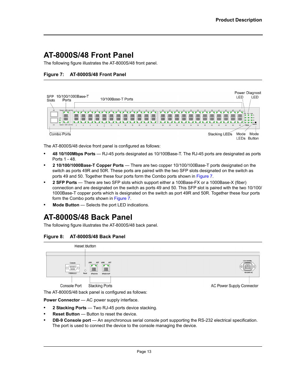 At-8000s/48 front panel, At-8000s/48 back panel, At-8000s/48 front panel at-8000s/48 back panel | Allied Telesis AT-8000S (Layer 2) User Manual | Page 13 / 48