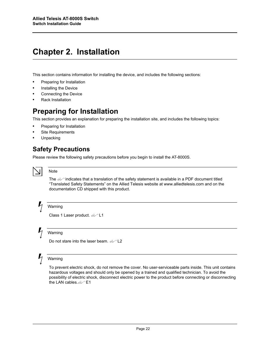 Chapter 2. installation, Preparing for installation, Safety precautions | Installation, Chapter 2 installation | Allied Telesis AT-8000S (Layer 2) User Manual | Page 22 / 48