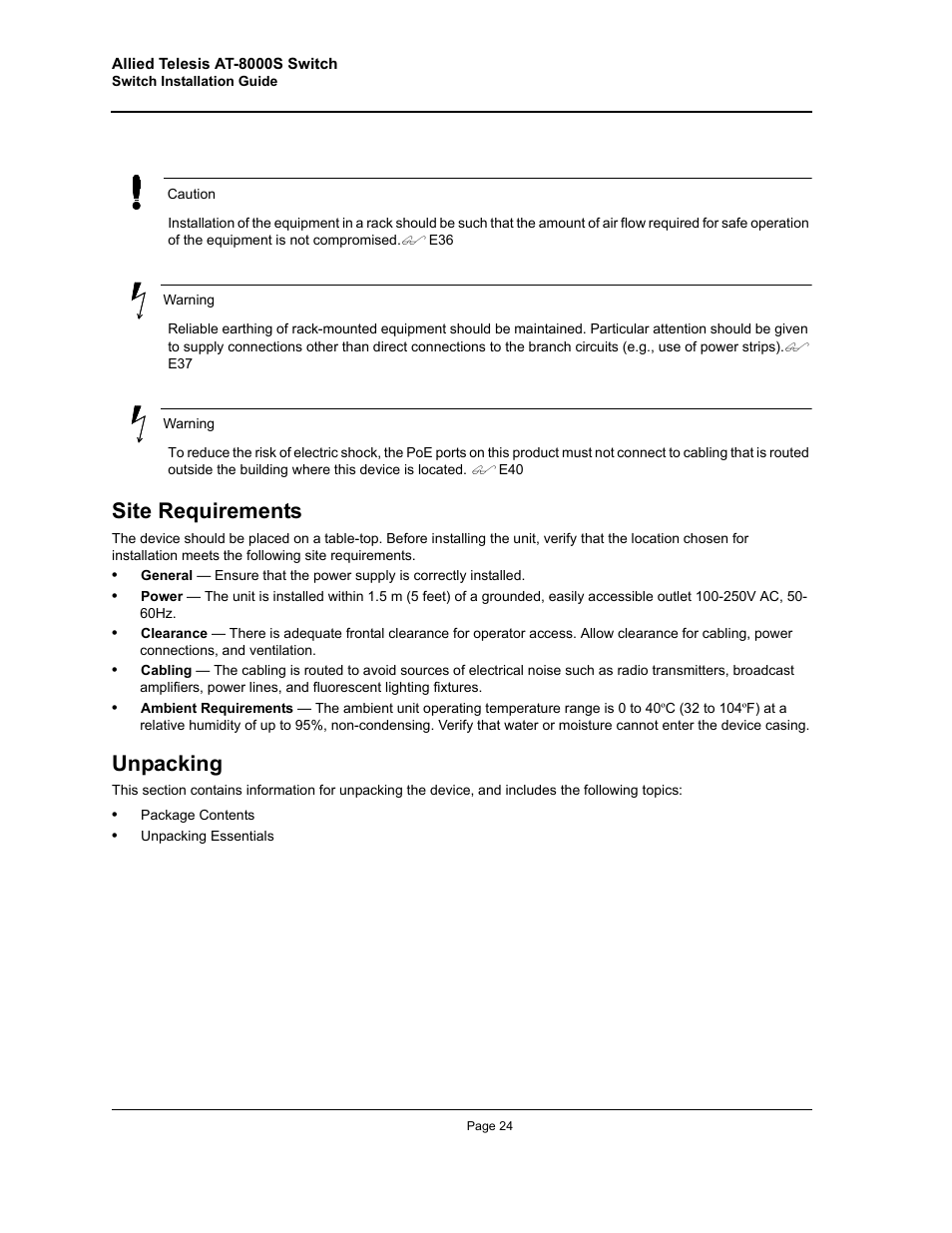 Site requirements, Unpacking, Site requirements unpacking | Allied Telesis AT-8000S (Layer 2) User Manual | Page 24 / 48