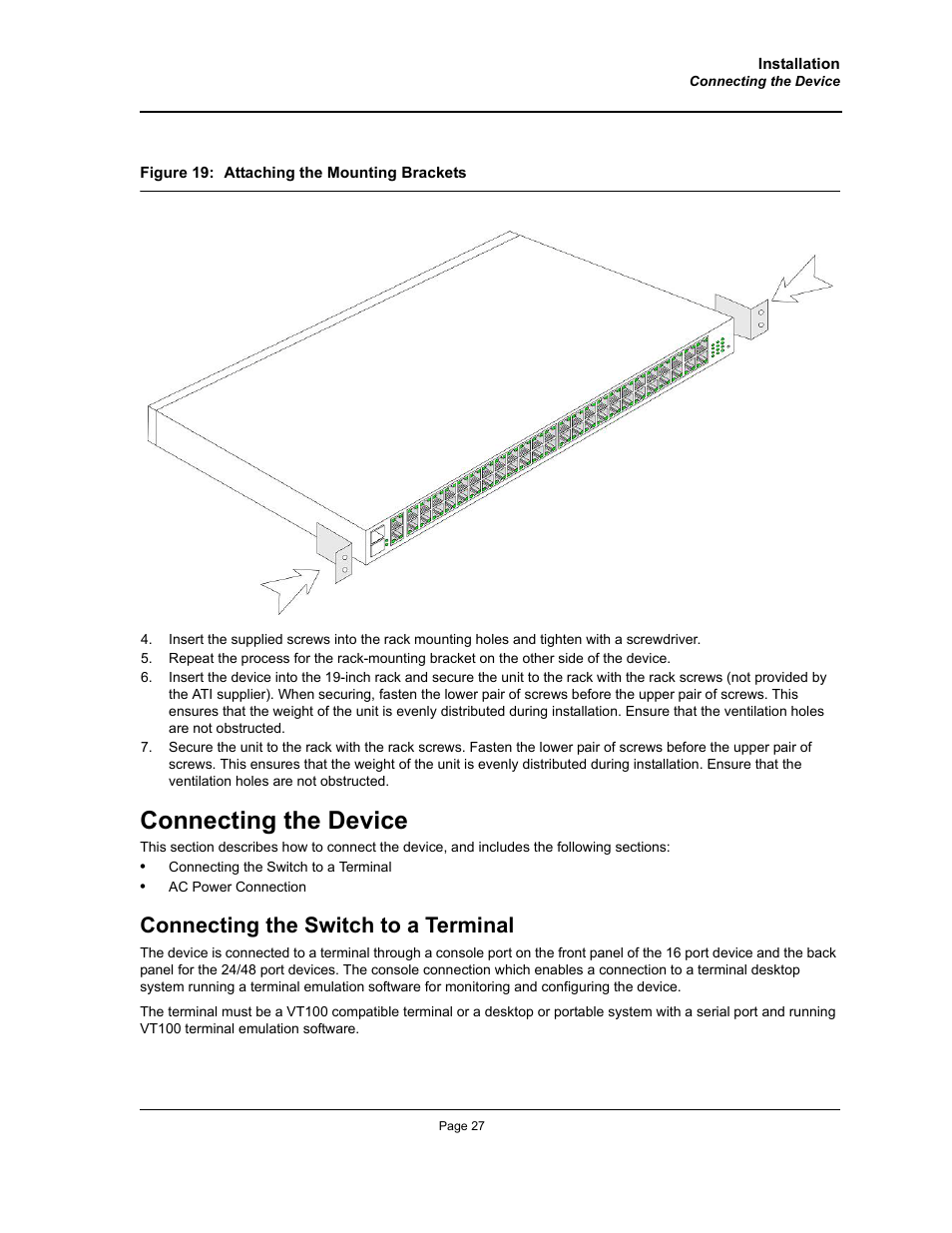 Connecting the device, Connecting the switch to a terminal | Allied Telesis AT-8000S (Layer 2) User Manual | Page 27 / 48