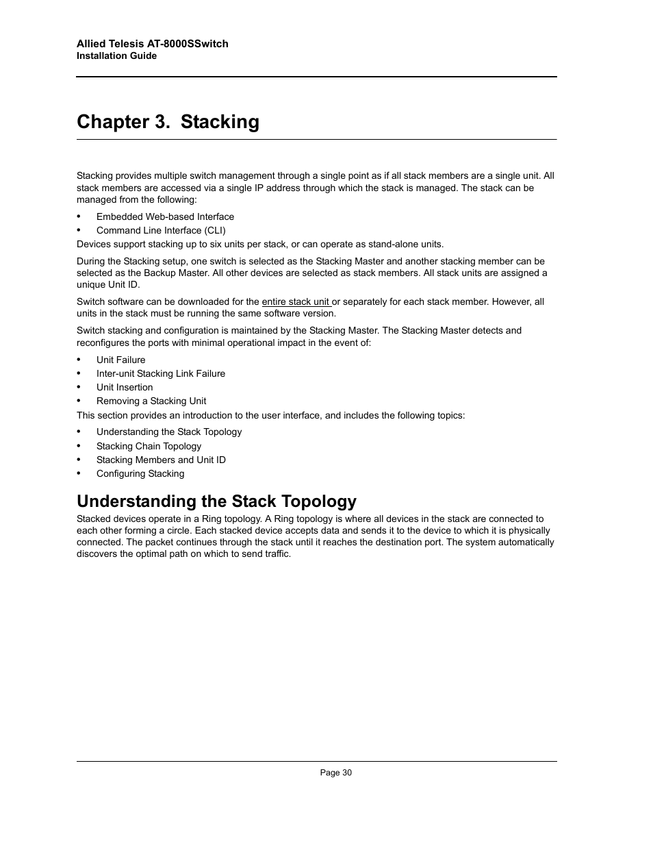 Chapter 3. stacking, Understanding the stack topology, Stacking | Chapter 3 stacking | Allied Telesis AT-8000S (Layer 2) User Manual | Page 30 / 48