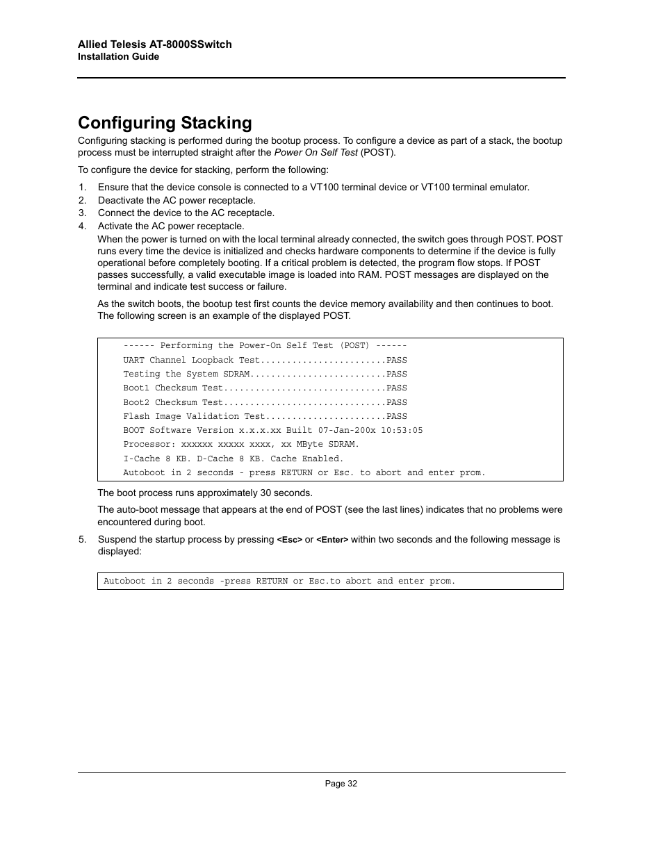 Configuring stacking | Allied Telesis AT-8000S (Layer 2) User Manual | Page 32 / 48