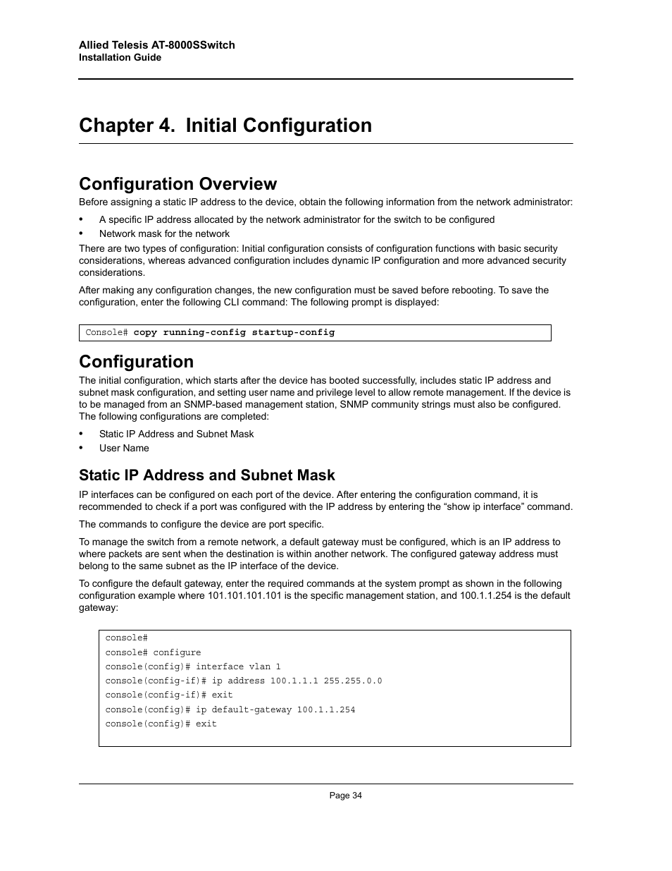Chapter 4. initial configuration, Configuration overview, Configuration | Static ip address and subnet mask, Initial configuration, Configuration overview configuration, Chapter 4 initial configuration | Allied Telesis AT-8000S (Layer 2) User Manual | Page 34 / 48