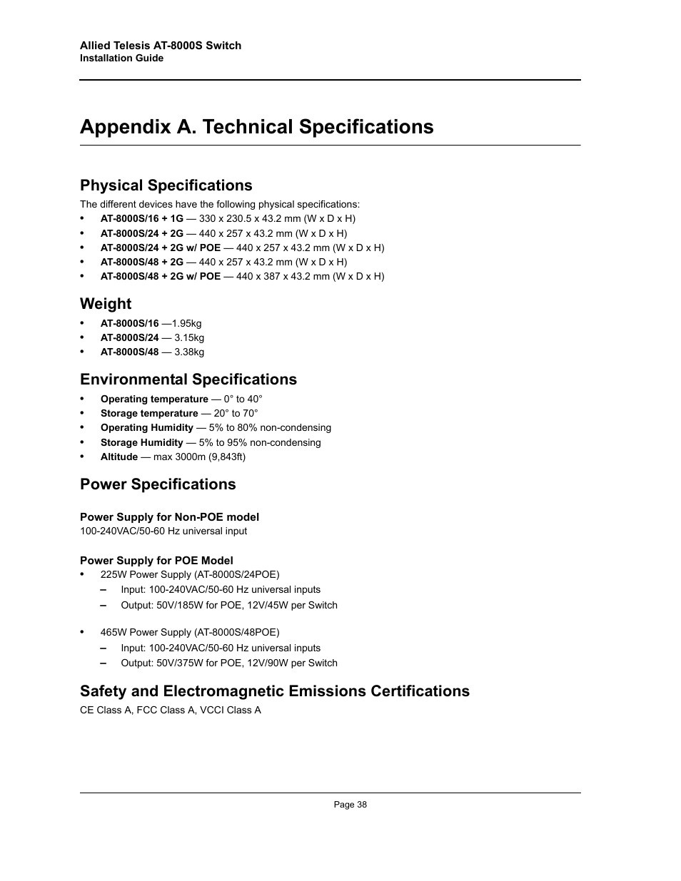 Appendix a. technical specifications, Physical specifications, Weight | Environmental specifications, Power specifications, Technical specifications, Appendix a technical specifications | Allied Telesis AT-8000S (Layer 2) User Manual | Page 38 / 48