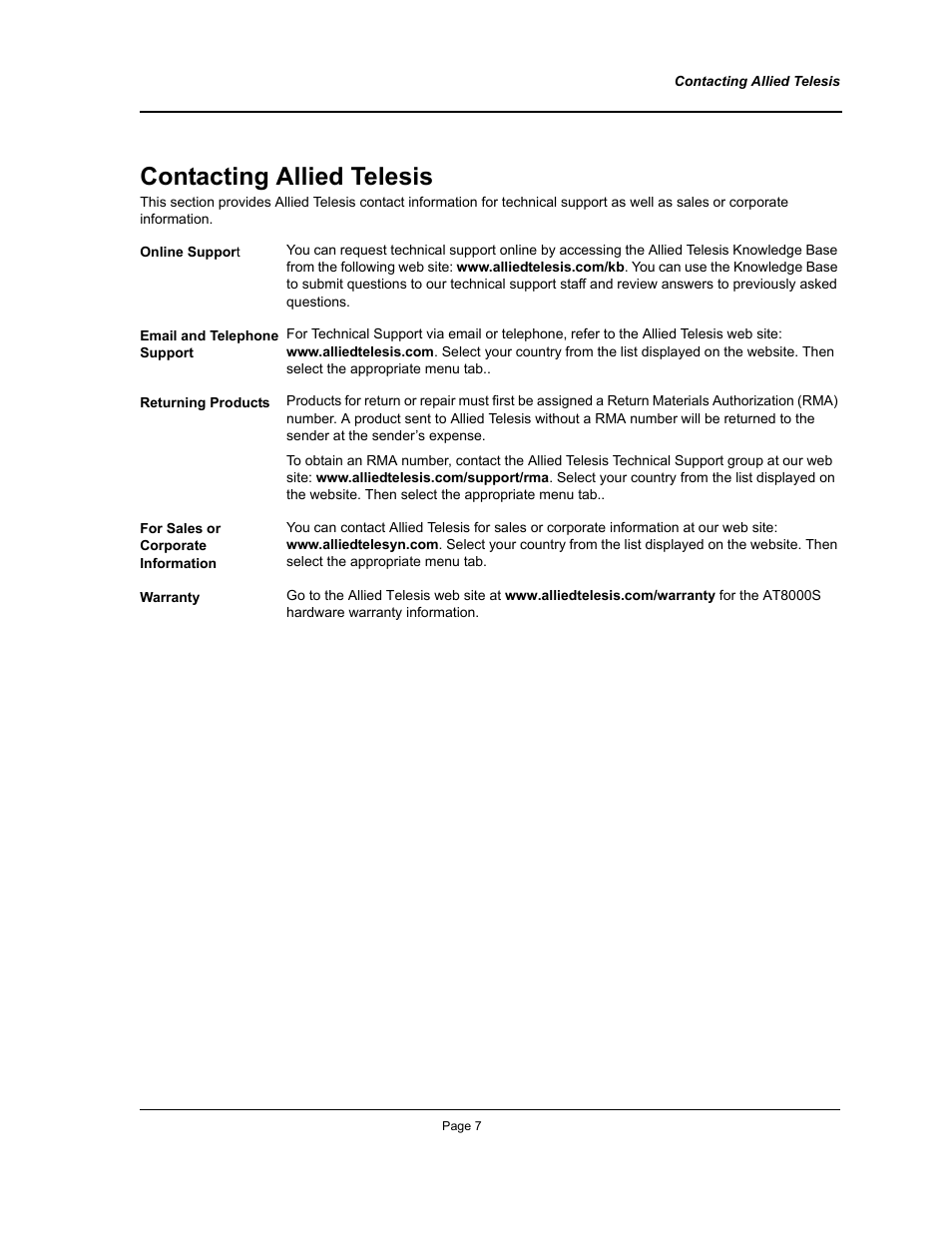 Contacting allied telesis | Allied Telesis AT-8000S (Layer 2) User Manual | Page 7 / 48