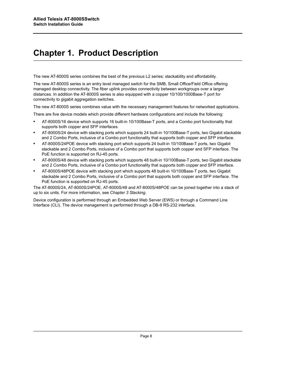 Chapter 1. product description, Product description, Chapter 1 product description | Allied Telesis AT-8000S (Layer 2) User Manual | Page 8 / 48