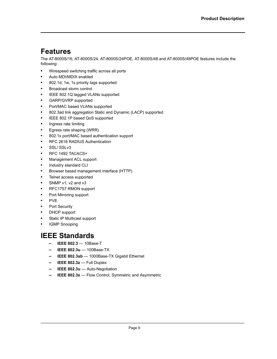 Features, Ieee standards, Features ieee standards | Allied Telesis AT-8000S (Layer 2) User Manual | Page 9 / 48