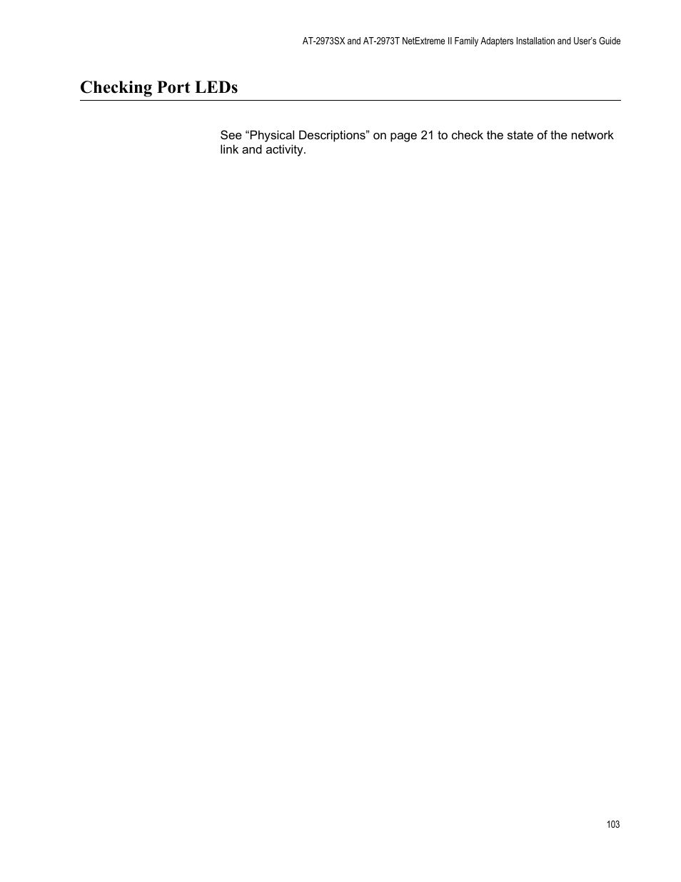 Checking port leds | Allied Telesis AT-2973T (NetExtreme II) User Manual | Page 103 / 136