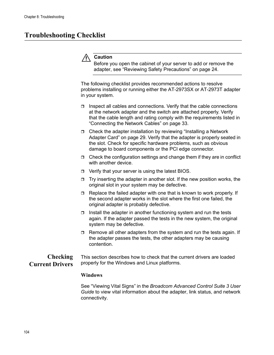 Troubleshooting checklist, Checking current drivers | Allied Telesis AT-2973T (NetExtreme II) User Manual | Page 104 / 136