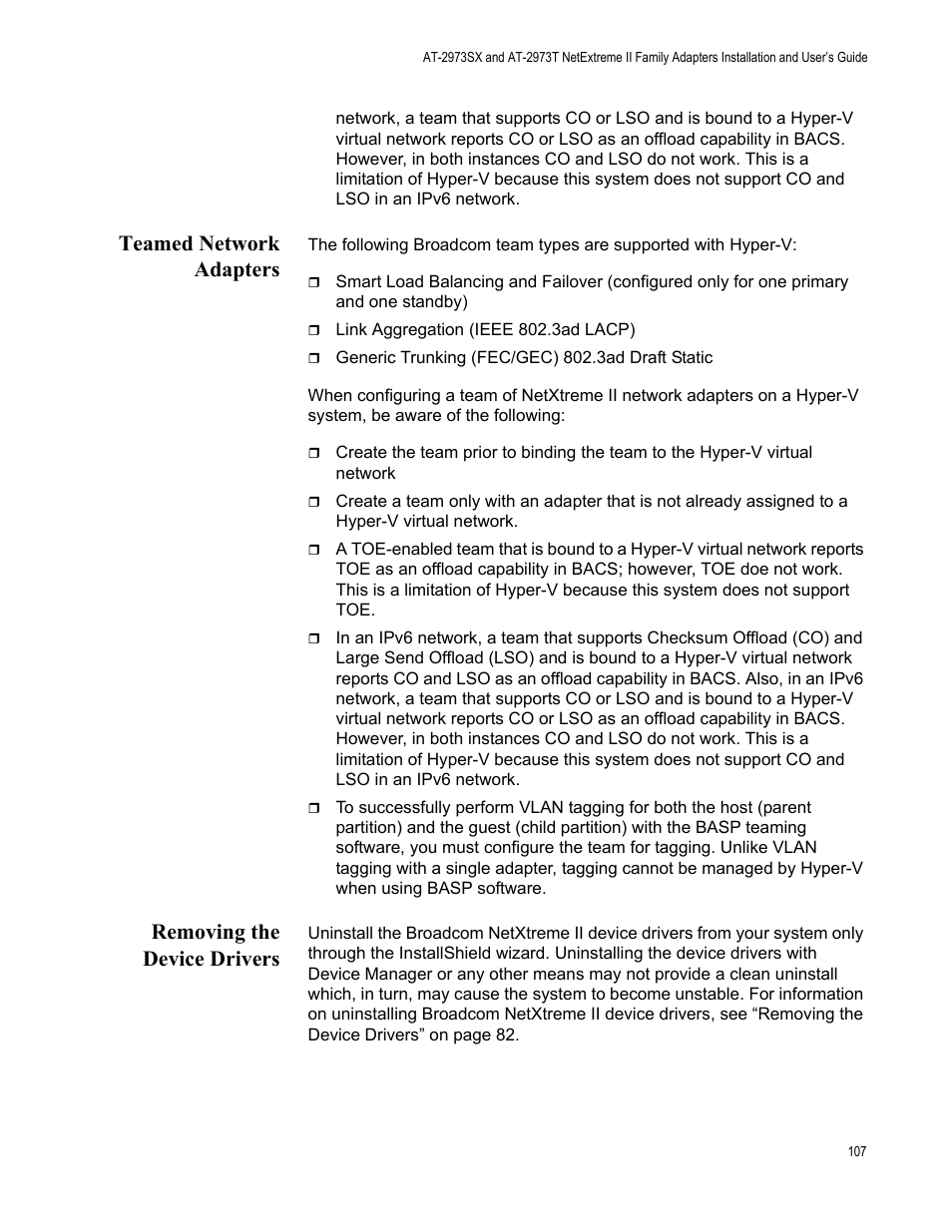 Teamed network adapters, Removing the device drivers | Allied Telesis AT-2973T (NetExtreme II) User Manual | Page 107 / 136